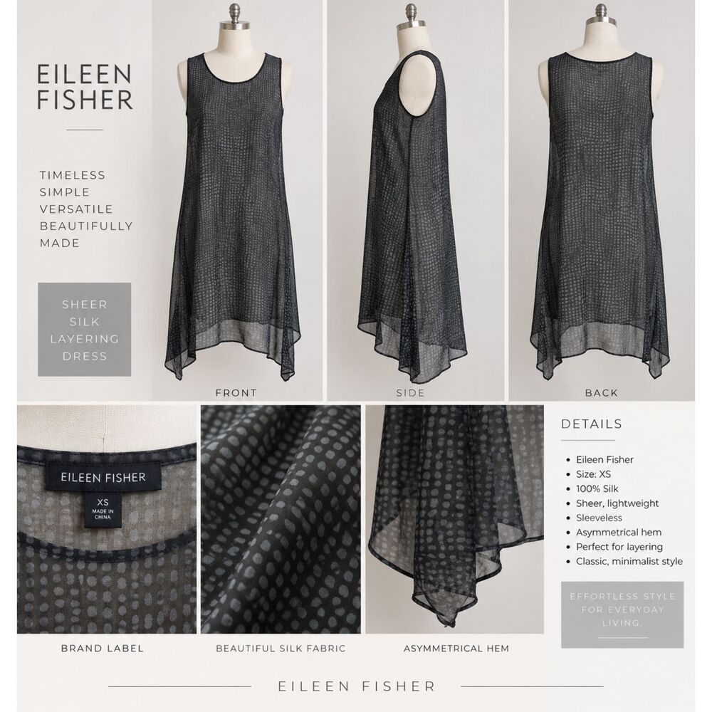 Eileen Fisher XS 100% Silk Dress Gray Black Sheer Asymmetrical Hem Midi